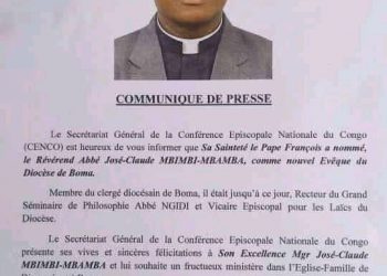 Kongo central : Abbé José Claude Mbimbi nommé évêque de Boma