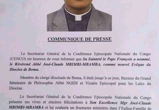 Kongo central : Abbé José Claude Mbimbi nommé évêque de Boma