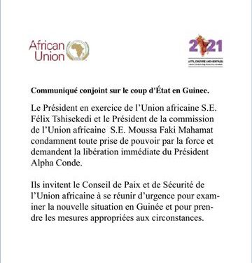 Guinée : l&rsquo;Union africaine condamne la prise de pouvoir par les militaires (document)