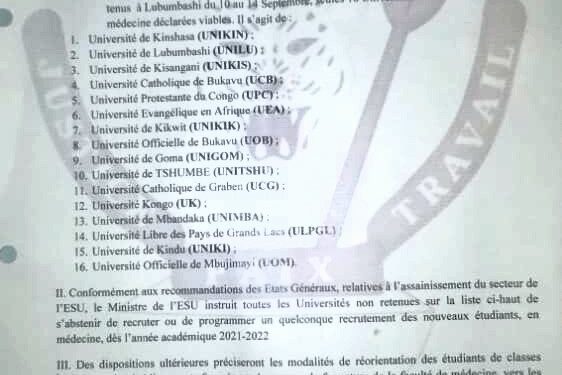 ESU : les seize (16) universités habilitées à organiser la faculté de médecine en RDC (Document)