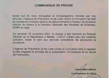Kinshasa : l’APLC soupçonne un détournement de plusieurs millions USD à la DGRK (Document)