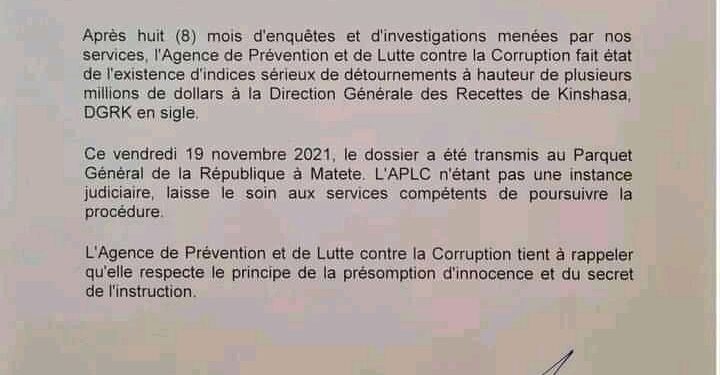 Kinshasa : l’APLC soupçonne un détournement de plusieurs millions USD à la DGRK (Document)