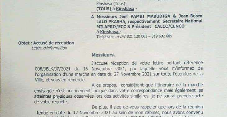 Marche, sit-in MILAPRO-CALCC à Kinshasa : Gentiny Ngobila dit non (Document)