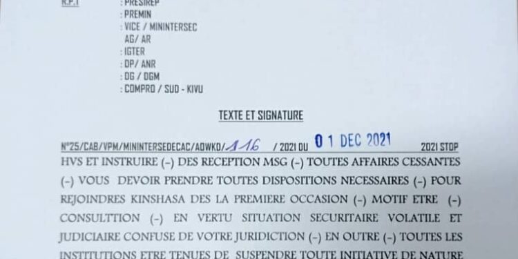 Sud-Kivu : le gouverneur, le président de l’Assemblée provinciale et leurs adjoints rappelés à Kinshasa (Document)