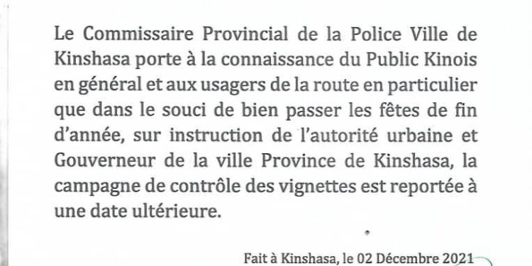 Kinshasa : la campagne de vignette reportée sine die (communiqué)