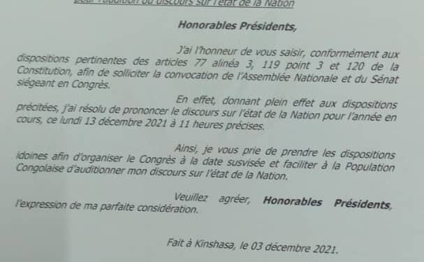 Etat de la nation : Félix Tshisekedi le lundi 13 décembre devant le Parlement