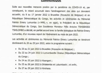 RDC : les activités du ‘’Mémorial Patrice Emery Lumumba’’ renvoyées à juin 2022 (Document)