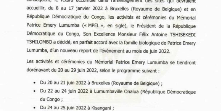 RDC : les activités du ‘’Mémorial Patrice Emery Lumumba’’ renvoyées à juin 2022 (Document)