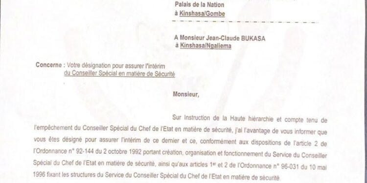 Présidence : Jean-Claude Bukasa désigné Conseiller spécial a.i en matière de sécurité du Chef de l’Etat
