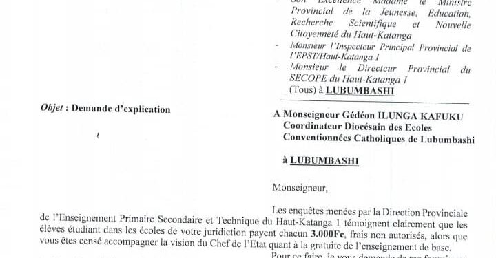 EPST/Haut Katanga : Pour avoir exigé « 3000 FC, frais de carême par élève », Mgr coordinateur Gédéon Ilunga  mal barré