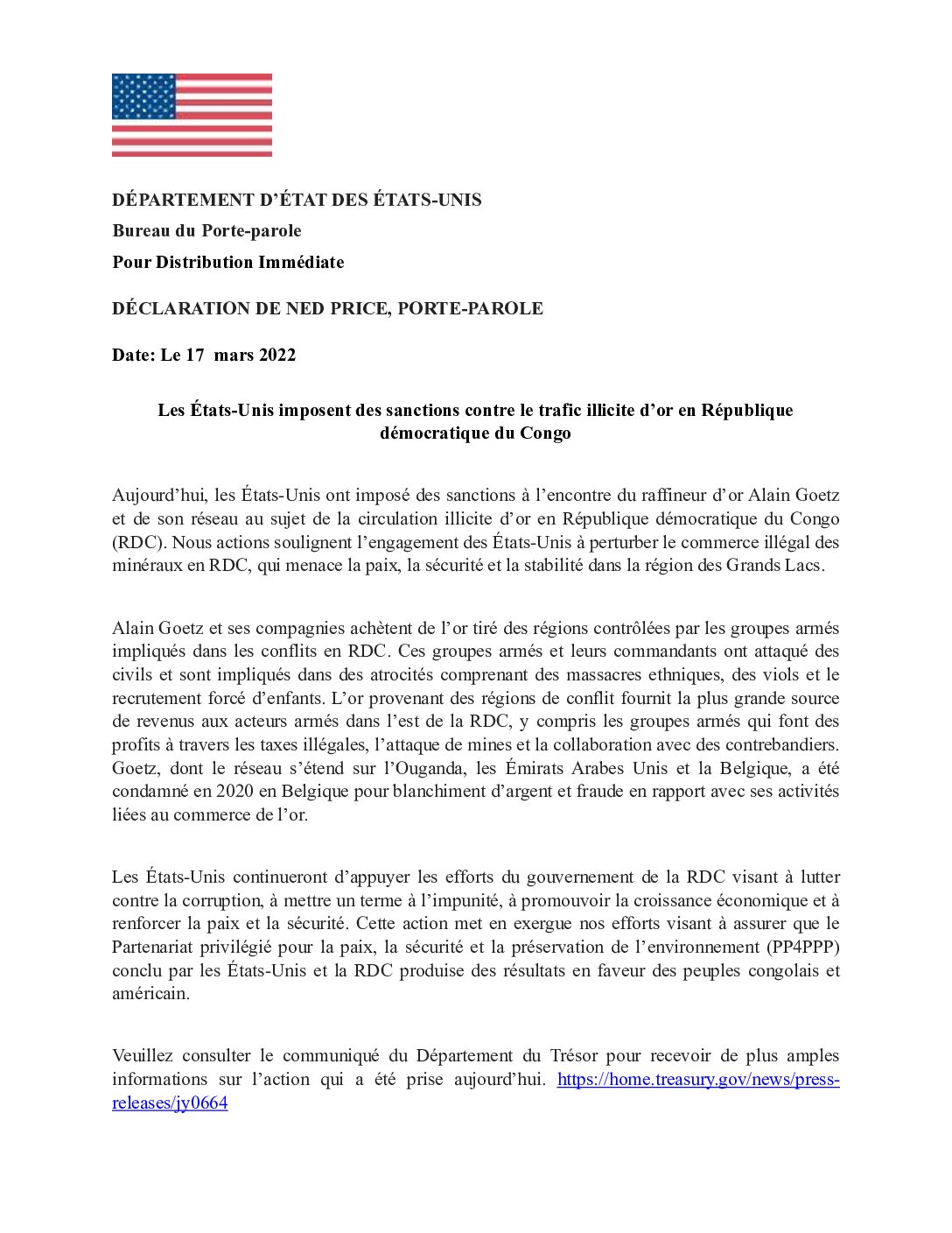 RDC/ trafic illicite d’or : les États-Unis imposent des sanctions à l’encontre  d’Alain Goetz  et son réseau ( Déclaration)