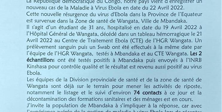 Santé/ RDC : la 14ème maladie à virus ebola signalée dans la province de l’Equateur (Document)