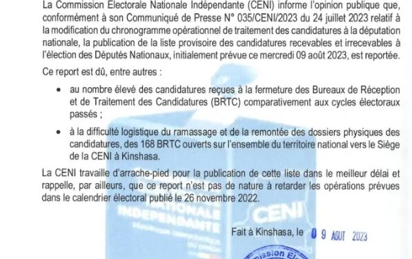 Urgent : la CENI reporte la publication des listes provisoires des candidats députés nationaux