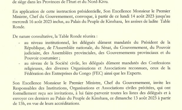 Évaluation État de siège  : Kinshasa abrite une table ronde dès ce lundi ( Communiqué officiel)