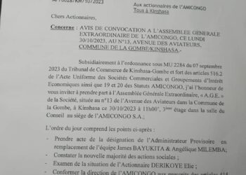 AMICONGO : AVIS DE CONVOCATION DE L&rsquo;ASSEMBLÉE GÉNÉRALE EXTRAORDINAIRE LE LUNDI 31 OCTOBRE 2023